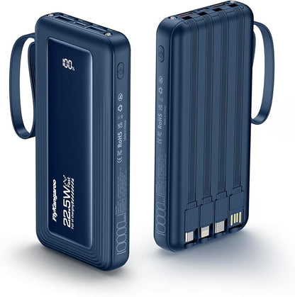 Portable Charger 10000mAh 22.5W Power Bank | Built in 4 Cables, Slim, Fast Charging, USB C LED Display, 6 Outputs & 2 Inputs, Flashlight