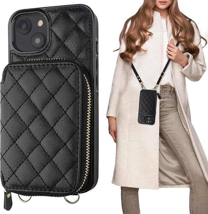 Bocasal Crossbody Wallet Case for iPhone 14 Plus, RFID Blocking PU Leather Zipper Handbag Purse Flip Cover, Kickstand Folio Case with Card Slots Holder Wrist Strap Lanyard 5G 6.7 Inch (Black)