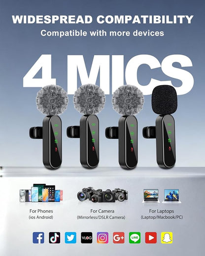 4 Packs Wireless Lavalier Microphone for iPhone/Android/Camera, Upgraded Mini Microphone with Noise Reduction, Mic for Video Recording, Podcasts, YouTube, TikTok, and Vlogging