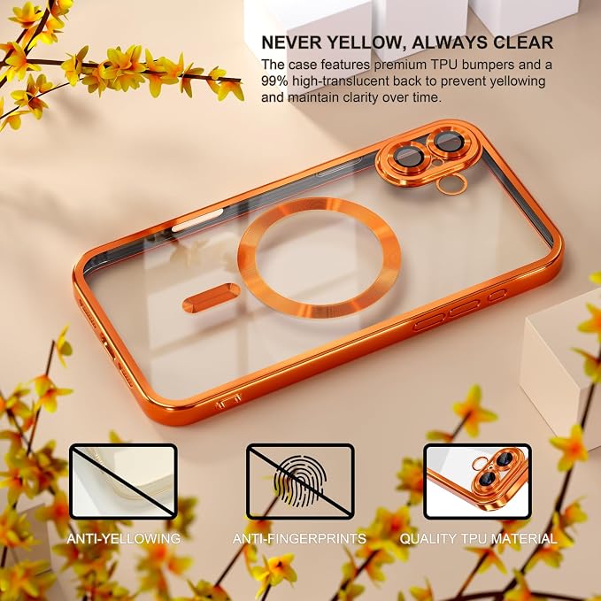 Misea Magnetic for iPhone 17 Case Compatible with MagSafe [Never Yellowing] [Military Grade Drop Protection] Full Camera Lens Protector Plating Soft Clear Phone Case for Women, Cosmic Orange