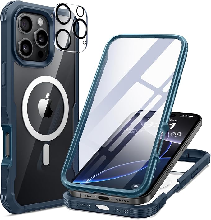 seacosmo for iPhone 16 Pro Max Case, Full Body Bumper with Built-in 9H Tempered Glass Screen and Camera Lens Protector, Compatible with MagSafe, Shockproof 16 Pro Max Phone Case, 6.9", Blue