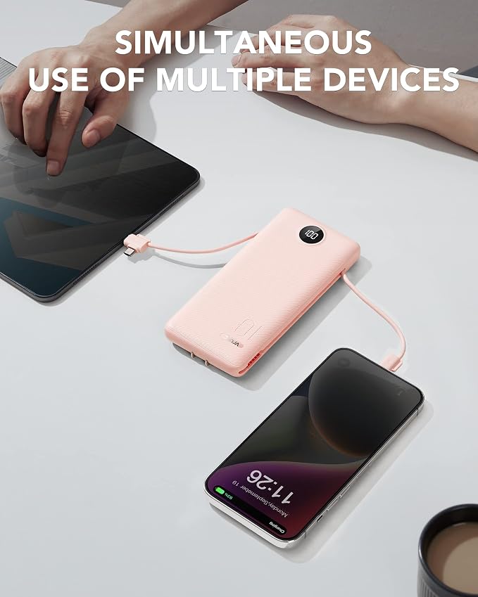 VRURC Portable Charger, Power Bank Built-in Cables and AC Wall Plug | USB C Power Bank 10000mAh Travel Essentials Phone Charger Compact External Battery Pack For Smart Phones, Tablets etc-Pink