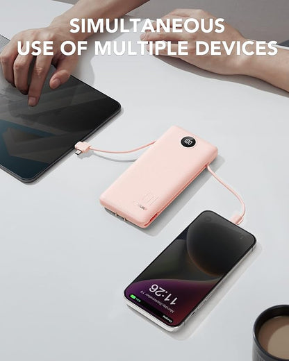 VRURC Portable Charger, Power Bank Built-in Cables and AC Wall Plug | USB C Power Bank 10000mAh Travel Essentials Phone Charger Compact External Battery Pack For Smart Phones, Tablets etc-Pink