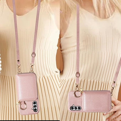 Wallet Case for Samsung Galaxy A34 5G with Shoulder Strap Ring Buckle, Luxury PU Leather Zipper Flip Organ Purse Credit Card Holder Stand Full Body Cell Phone Cover for A 34 34A Women Rose Gold