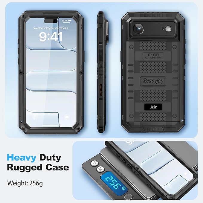 Beasyjoy for iPhone Air Case Waterproof, Heavy Duty Metal Full Body Protection, Built-in Screen Protector, Military Grade Shockproof Rugged Hard Phone Cover for iPhone 17 Air 6.5", Black