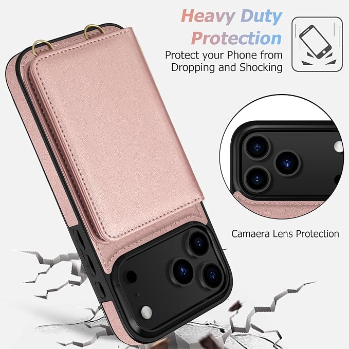 LOHASIC for iPhone 17 Pro Max Case Wallet with Detachable Crossbody Strap & Wrist Lanyard, RFID Blocking, 4 Card Slots 2 Cash Pockets, Leather Case with Card Holder for Women Girls, Rose Gold/Pink
