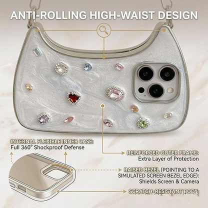 Ethereal Gemstone Aura Handbag for iPhone Case, 3D Cute Luxury Bling Diamond Crystal Rhinestone Handbag Phone Case for iPhone 17/16/15 Pro Max (13promax,White)