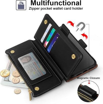 Antsturdy Compatible with iPhone 15 Wallet Case Card Holder【RFID Blocking】 PU Leather Phone Case Women Men flip Protective Cover Wrist Strap Zipper Credit Card Slots,for Apple 15 6.1",(Black)