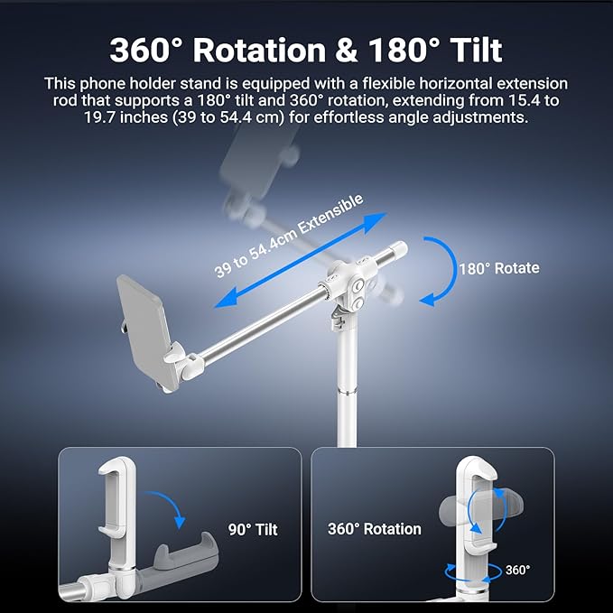 NEEWER Basics Phone Floor Stand with Horizontal Extension Arm, Adjustable Cell Phone Holder Clamp Mount Compatible with iPhone Samsung for Video Recording Bed Lying Down, Weighted Base, ST009 White