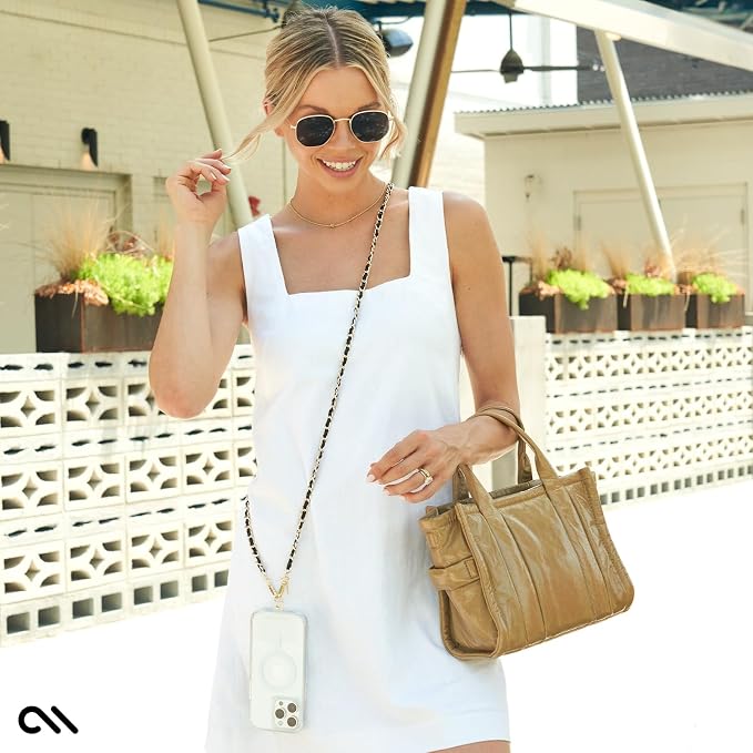 Case-Mate Crossbody Phone Lanyard [Works with All Phones] Hands-Free Strap - Leather Cell Phone Charm - Neck Chain Holder for iPhone 17 Pro Max/16 Pro Max/15/14/13/S26 Ultra - Gold Chain Black Leather