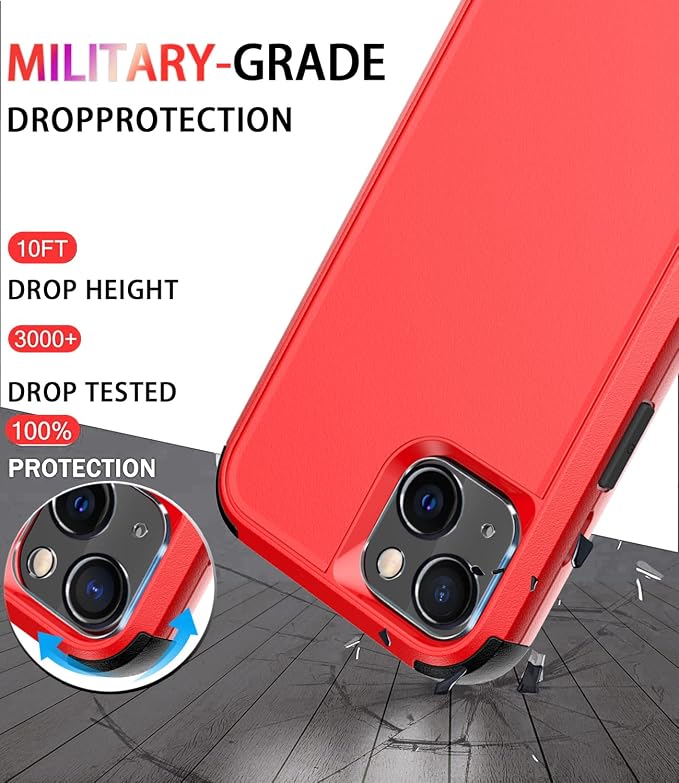 Diverbox for iPhone 13 Case [Shockproof] [Dropproof] [Tempered Glass Screen Protector + Camera Lens Protector],Heavy Duty Protection Phone Case Cover for Apple iPhone 13 (Red)