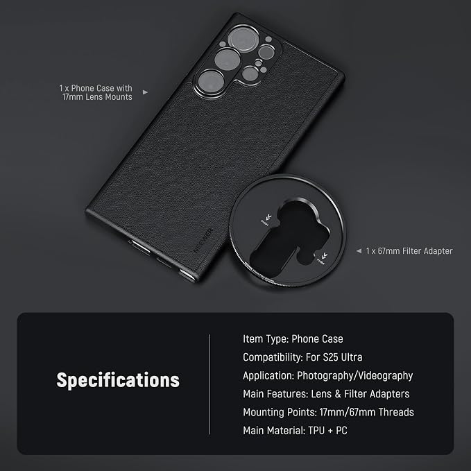 NEEWER S25 Ultra Case, Protective Faux Leather Phone Case with 17mm Lens Mounts & 67mm Filter Adapter for Video Recording, Compatible with Samsung Galaxy S25 Ultra MagSafe Charging, PA092