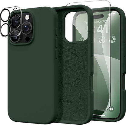 GONEZ Magnetic for iPhone 16 Pro Max Case, Compatible with MagSafe, Liquid Silicone Case, with Screen Protector + Camera Protector, Full Body Protective Shockproof Phone Cover 6.9", Dark Green