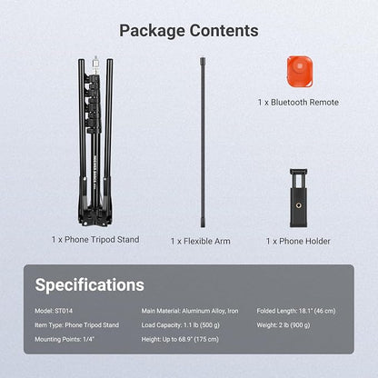 NEEWER BASICS Phone Tripod Stand with Flexible Arm & Reversible Legs, Aluminum Office Table Bedside Smartphone Clip Clamp Holder Mount Compatible with iPhone Samsung Android for Video Recording, ST014