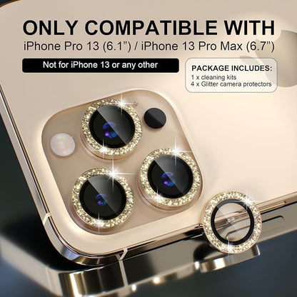 Choiche Compatible for iPhone 13 Pro/iPhone 13 Pro Max Camera Lens Protector Bling, 9H Tempered Glass Camera Cover Screen Protector Metal Ring Decoration Accessories (Glitter-Gold)