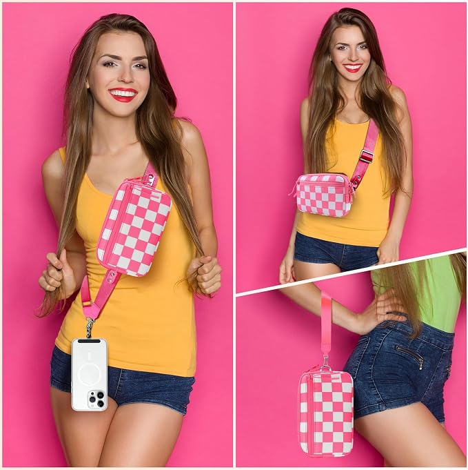 YFWE Clip and Go Strap for Phone with Wallet Crossbody, Adjustable Phone Lanyard with Detachable RFID Wristlet Wallet, Phone Strap with Phone Tabs for All Phones, Pink Checkered (L)