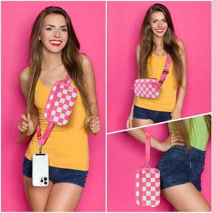 YFWE Clip and Go Strap for Phone with Wallet Crossbody, Adjustable Phone Lanyard with Detachable RFID Wristlet Wallet, Phone Strap with Phone Tabs for All Phones, Pink Checkered (L)