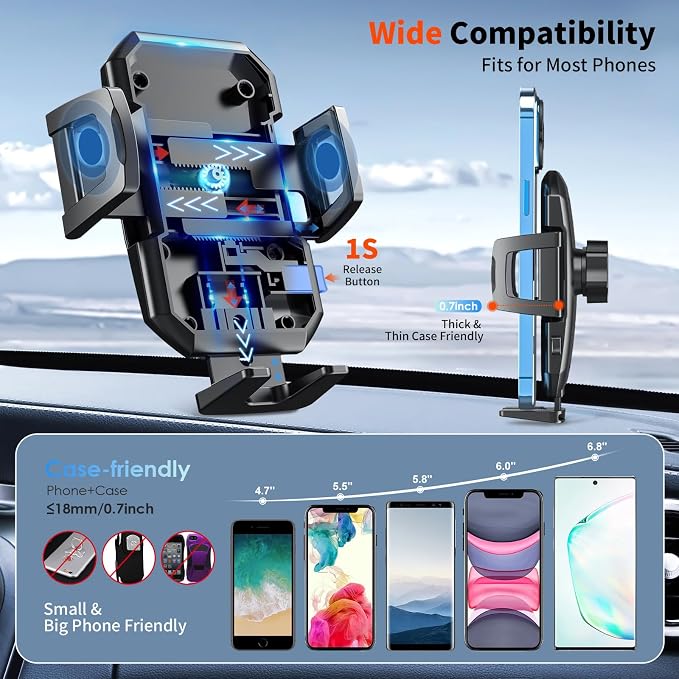 Upgraded 3-in-1 Car Phone Holder Mount [Powerful Suction] Phone Mount for Car Dashboard Air Vent Windshield,for All iPhone Android Phone, Dark Black
