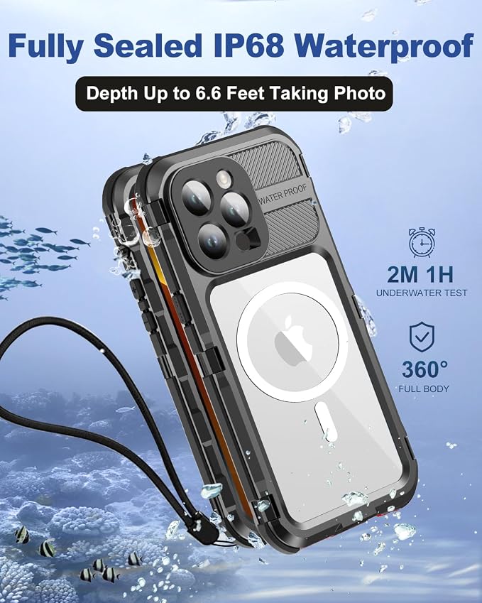 WIFORT for iPhone 13 Pro Max Waterproof Case, Metal Heavy Duty Phone Case Built-in Screen Protector IP68 Water Proof 15FT Military Grade Shockproof, Full Body Drop Protection Cover, 6.7" Black