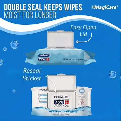 MagiCare 75% Large Alcohol Wipes (4-80ct Packs, 320pcs) - Alcohol Hand Sanitizer Wipes, Premium - Unscented Hand Wipe, Sanitizing Wipe - Travel, Home, Classroom, Camping - Soft Packs