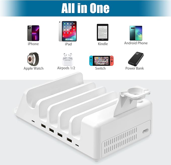 AGVEE 140W 7in1 Multi USB Charging Station Organizer Family Block Hub with Multi Cables, 3 Wireless Charger Dock for Pad Phone Cell Phone Android Tablet Multiple Devices, White