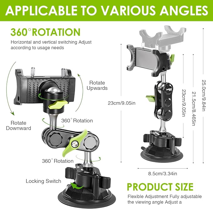 Suction Cup Phone Mount 360 Rotating Universal Ball Head Arm for Car Dashboard Windshield Vehicle Sunroof (Black)