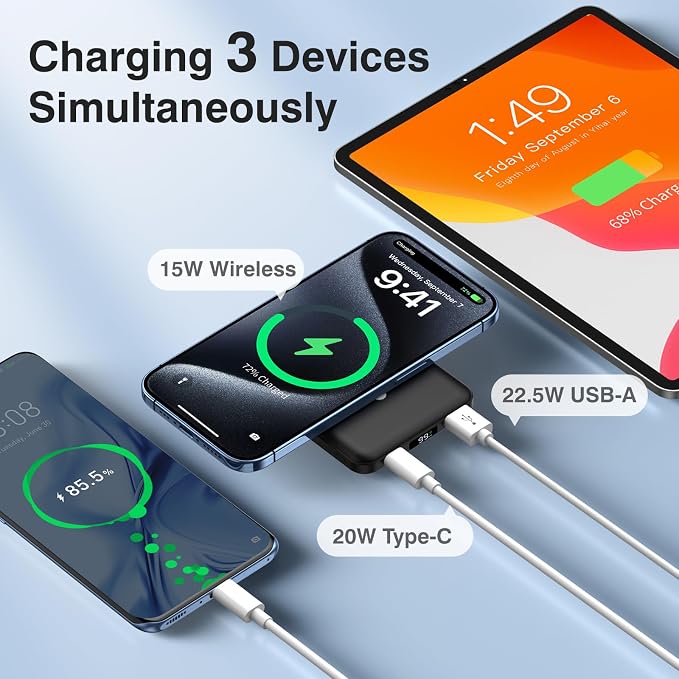 AOGUERBE for MagSafe Portable Charger, 10000mAh Magnetic Power Bank 22.5W Fast Charging, Mini Battery Pack Wireless with LED Display&Foldable Stand for iPhone 17/16/15/14/13/12 Series (Obsidian Black)