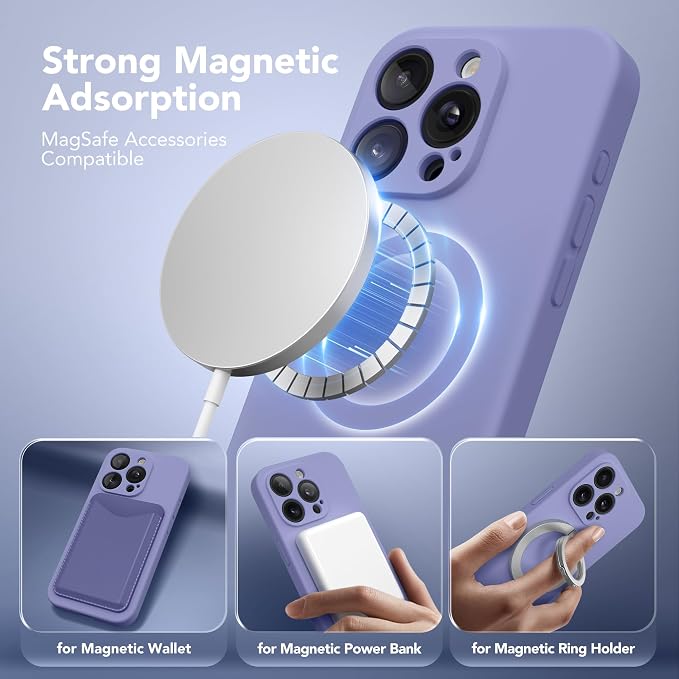 Magnetic for iPhone 14 Pro Case, Compatible with MagSafe, [Full Camera Protection][Screen Protector] Silicone Shockproof Protective Phone Case for iPhone 14 Pro 6.1", Lavender Gray