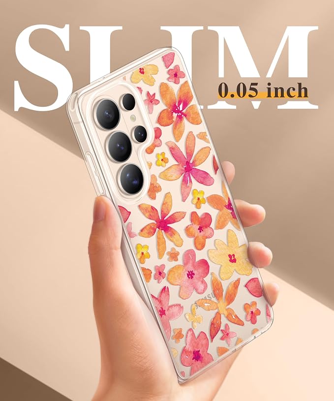 GVIEWIN for Samsung Galaxy S26 Ultra Case, Clear Floral Slim Shockproof Protective Women Phone Case, Non-Yellowing, with Screen Protector &Camera Lens Protector for S26 Ultra 6.9", Hemerocallis/Orange