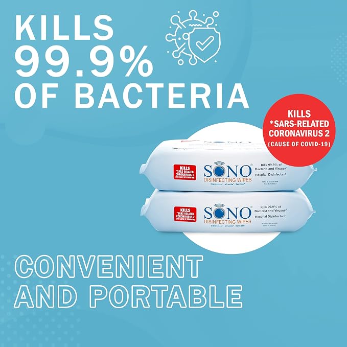 SONO Disinfecting Wipes - 160 Count (Pack of 2) + Sanitizer, Medical-Grade, Alcohol-Free, No Bleach, Gentle & Effective Multi-Surface Cleaning Solution, Larger Sheets 80 count packs