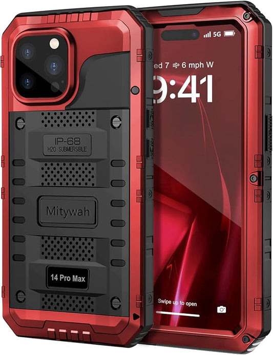 Mitywah Waterproof Case for iPhone 14 Pro Max, Heavy Duty Shockproof Case with Built-in Screen Protector, Full Body Underwater Protective Metal Case 6.7 inch, Red