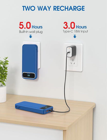 Nusyddy Portable Charger 12000mAh 22.5W w/Built-in Cables & Wall Plug Navy | 22.5W Fast Charging, LED Display, Pass Through Charging, TSA Approved, Portable & Slim, Power Bank for iPhone, iPad, Samsung