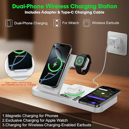 Dual Phone Wireless Charging Station for Apple Devices, Magnetic Charging Station for iPhone with Auto Switch 7-Color Light&Clock, Family Watch Charger for iPhone17 for iWatch11 for AirPods Pro3(Snow)