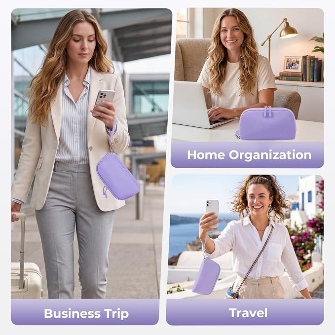 FYY Travel Cable Organizer - 8 Compartments, Lightweight, Water Repellent | With Wrist Strap, Portable Tech Pouch for Cord Charger, Travel and Business Trips Use, Soft Shell Nylon, Purple (Medium)