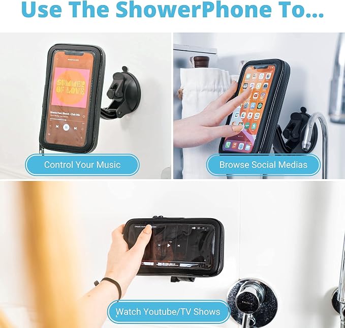Shower Phone Holder Case Waterproof | Suction Cup Mount for Bathroom | 360 Rotatable & Height Adjustable for iPhone & Android | ShowerPhone by Wumas