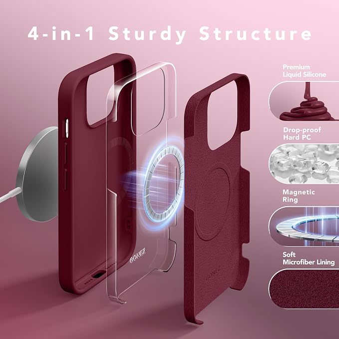 GONEZ for iPhone 14 Pro Max Case Silicone, Compatible with MagSafe, with Screen Protector + Camera Lens Protector, Liquid Silicone Shockproof Protective Phone 14 ProMax Case 6.7", Maroon