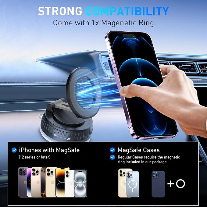 Car Phone Holder for Magsafe [Strongest Suction & Magnetic] 360° Adjustable Car Phone Mount,Cell Phone Holder for Your Car for All Smartphones & All Car Models