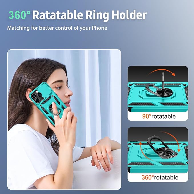 Weycolor for iPhone 14 Pro Max Case with Camera Lens Cover, HD Screen Protector, 10 FT Military Grade Drop Protection, Magnetic Ring Holder Kickstand Protective Phone Case, Ice Green