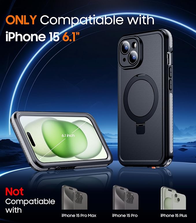 Temdan Magnetic for iPhone 15 Case Waterproof, [Built-in Ring Invisible Stand & Screen Protector][IP68 Underwater][Dropproof][Dustproof][Real 360] Shockproof Protective Phone Case 6.1'' -Gray