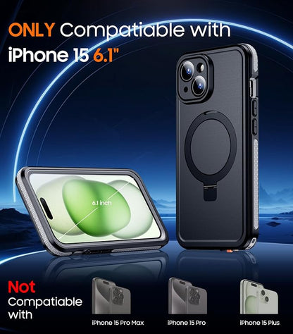 Temdan Magnetic for iPhone 15 Case Waterproof, [Built-in Ring Invisible Stand & Screen Protector][IP68 Underwater][Dropproof][Dustproof][Real 360] Shockproof Protective Phone Case 6.1'' -Gray
