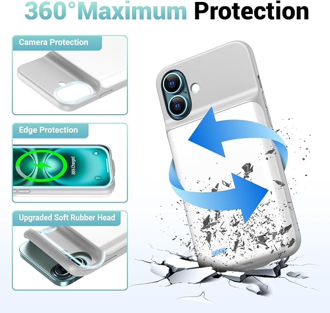 Battery Case for iPhone 16 Plus(6.7inch), Ultra-Slim 7000mAh Portable Extended Charging Charger Case [2026 Upgraded] Rechargeable Battery Back with Tempered Glass Screen Protector, White