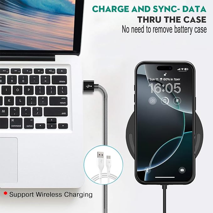 Wireless Charging Case for iPhone 16 Pro,10000mAh High Capacity Portable Rechargeable Extended Battery Case Qi Wireless Charging with iPhone 16 Pro (6.3 inch) Extended Battery Charger Case (Black)