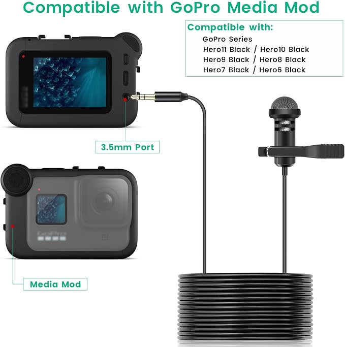 weishan Media Mod Mic for GoPro HERO11 10 9 Black Action Camera, Lavalier Lapel Videomic Clip-on Microphone Compatible with GoPro Pro 3.5mm Mic Adapter for Vlogging, 5ft