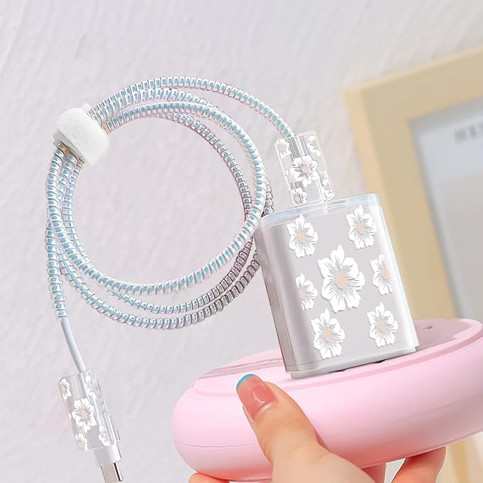 Cute Floral Phone Charger Storage Case Cover Set White Camellia Flowers Design Travel Carrying Bag with Cable Protector Cord Organizer, Lightning Cable Chomper,Charger Saver Compatible for iPhone