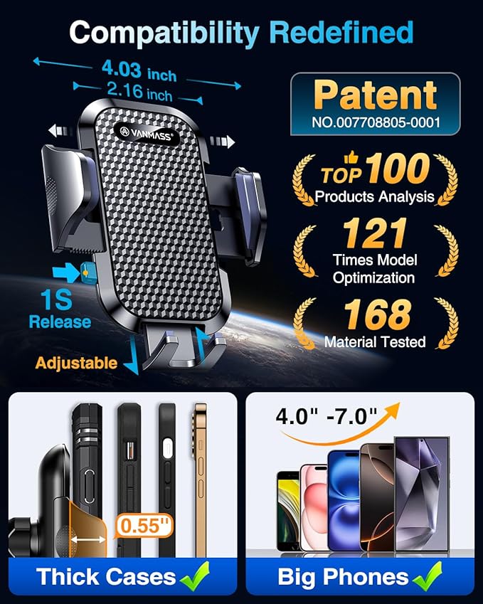 VANMASS [Longest Lasting] True Military-Grade Car Phone Holder Strongest Suction & Clip Cell Mount Dashboard Windshield Vent Automobile Cradle Truck Accessories for iPhone 16 15 Pro Max 14 13 Android