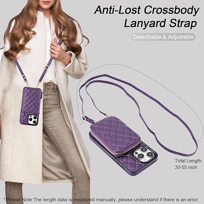 Bocasal Crossbody Wallet Case for iPhone 15 Pro Max, RFID Blocking PU Leather Zipper Handbag Purse Flip Cover, Kickstand Folio Case with Card Slots Holder Wrist Strap Lanyard 5G 6.7 Inch (Dark Purple)