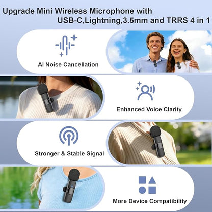 2-Pack Wireless Mini Lavalier Lapel Microphone for iPhone,Android Device(4 in 1) - 65ft Cordless Clip on Dual Mics with Noise Reduction 6H Working Time for Video Recording Vlogging, YouTube, Interview