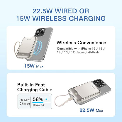 Magnetic Power Bank 10000mAh, Wireless Portable Charger with 15W Max Fast Charging & Built-in USB-C Cable, 22.5W PD LED Display Battery Pack Compatible with iPhone 17/16/15, Samsung Galaxy(white)