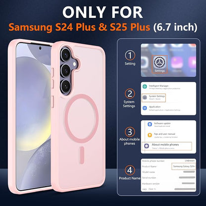 For Samsung Galaxy S24 Plus Case & S25 Plus Case [Compatible with Magsafe] Translucent Matte Magnetic,Slim Thin Duty Shockproof with 2pc Screen Protector Protection Case for S24 Plus/S25 Plus-Pink