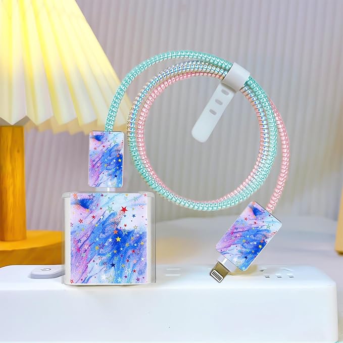 Phone Charger Case Storage Set with Cute Stars Cable Protector with Carrying Cable Case Bag,Cord Organizer, USB Earphone Wire Saver Organizer Charger Protector for iPhone (Colourful Stars)